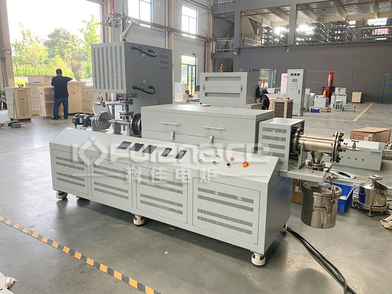 Actual photo of a three temperature zone rotary tube furnace with preheating Actual photo of a three temperature zone rotary tube furnace with preheating