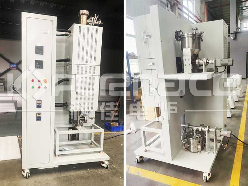 Actual photo of a vertical fluidized bed tube furnace with two temperature zones for continuous feeding and discharging