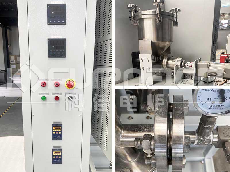 Actual photo of a vertical fluidized bed tube furnace with two temperature zones for continuous feeding and discharging